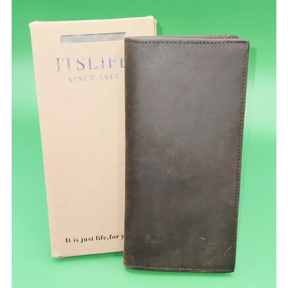 Vintage Brown Leather Long Wallet with Eagle Embossed Design RFID Bifold